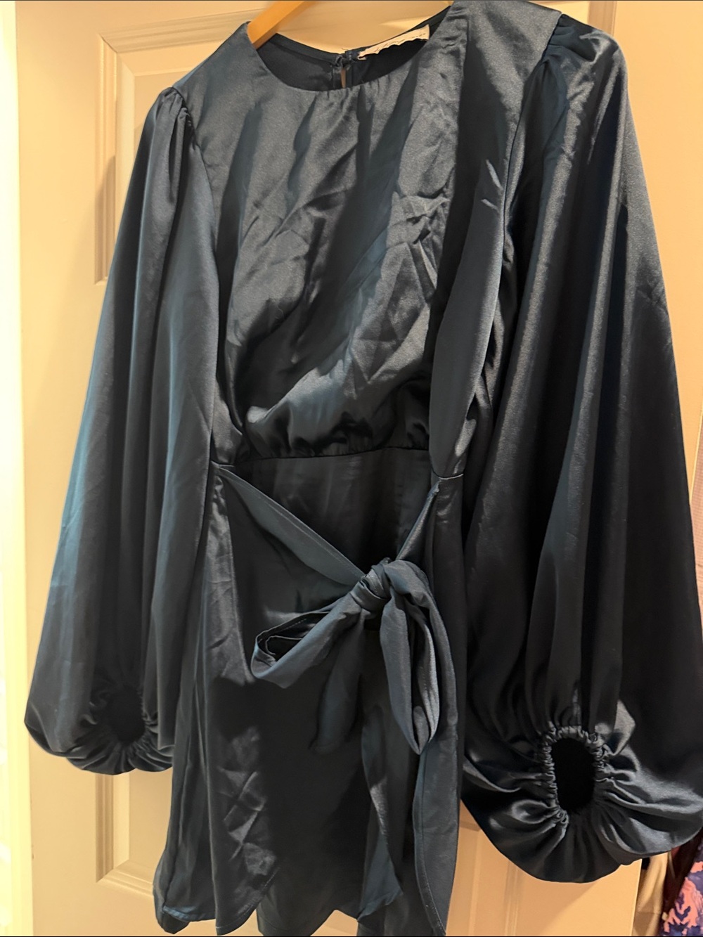 Petal & Pup Deep Navy Satin Wrap Romper with Bishop Sleeves
